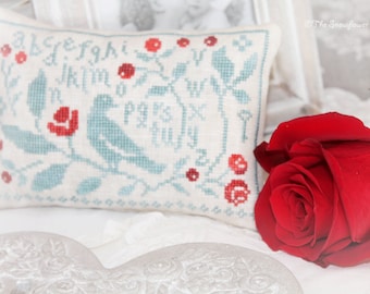 THE ROSE BUSH - cross stitch pattern, instant download, The Snowflower Diaries, sampler, primitive, blue, red, broderie