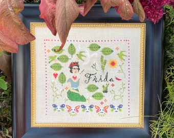 FRIDA FOREVER - cross stitch pattern, instant download, The Snowflower Diaries, primitive, sampler, Kahlo, Mexico, papaguay