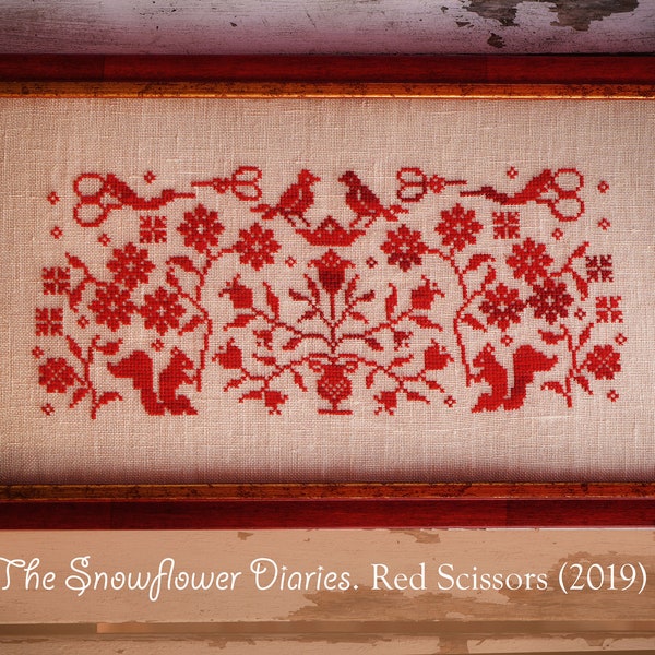 TIJERAS ROJAS - descarga instantánea, digital, patrón original de punto de cruz, The Snowflower Diaries, redwork