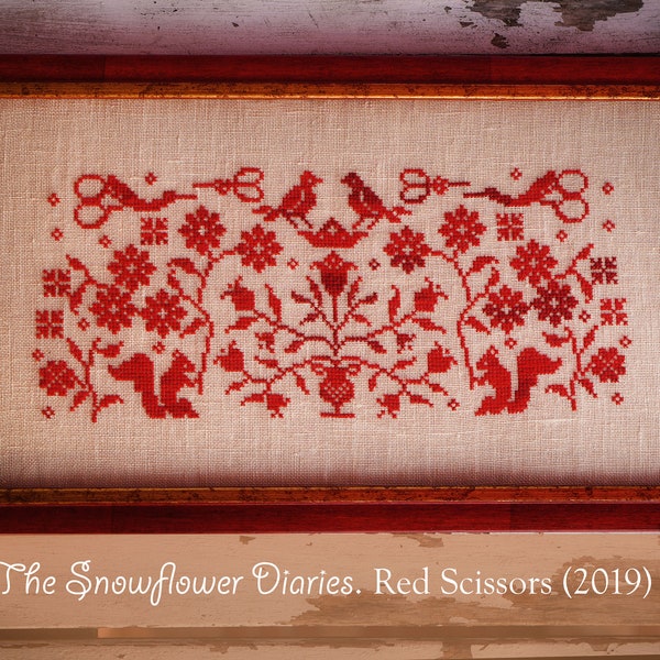 CISEAUX ROUGES - téléchargement immédiat, numérique, motif point de croix original, The Snowflower Diaries, redwork