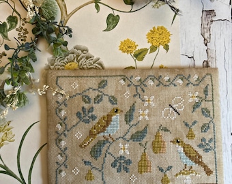 Golden Pears, pdf cross stitch pattern, sampler, fruit, summer stitching, gardening gift, digital pattern, ornament