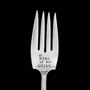 King of The Grill Meat Fork, Father's Day Gift Vintage Hand Stamped Engraved Silverware Cold Meat Fork Hostess Housewarming Gift for Him, image 1