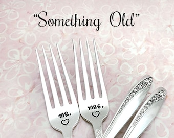 Stamped Wedding Forks Mr Mrs Fork Something Old Vintage Hand Stamped Floral Dinner Forks  Flatware Engagement Gift for Couple Evening Star