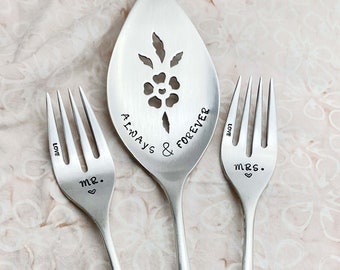 Mr & Mrs Fork with Vintage Cake Pie Server Engraved Silverware Always Forever Wedding Gift for Couple Bridal Shower Something Old