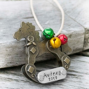 Personalized Child&#39;s Ornament Bronze Rocking Horse Ornament with Jingle Bells Gifts Under 25 Engraved Baby Name  New Baby Gift