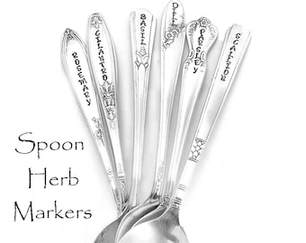 Herb Markers Stamped Garden Marker,  Hand Stamped Vintage Spoon Plant Stake,  Basil Chives Oregano Custom Text Plant Herb Markers