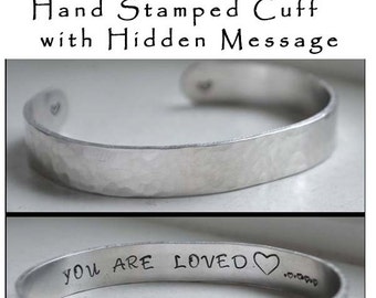 Aluminum Copper Brass Cuff Bracelet with Hidden Message You Are Loved Hammered Textured Engraved Cuff Bracelet Personalized Jewelry