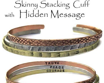 Hand Stamped Skinny Stacking Cuff Bracelet Textured Cuffs with Hidden Message Customized Personalized Jewelry Engraved Mantra Bracelet