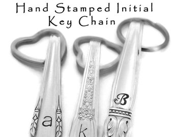 Hand Stamped Initial Key Chain: Vintage Silverware Spoon Key Ring