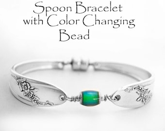 Queen Bess Spoon Bracelet: Floral Silver Plate Mood Bead Jewelry