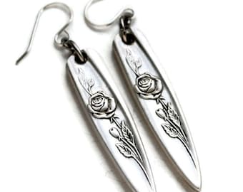Spoon Handle Earrings, Stainless Steel Ear Wires, Silverware Jewelry,  Silver Spoon Earrings, Gifts Under 25,  Morning Rose,  Silver Plate