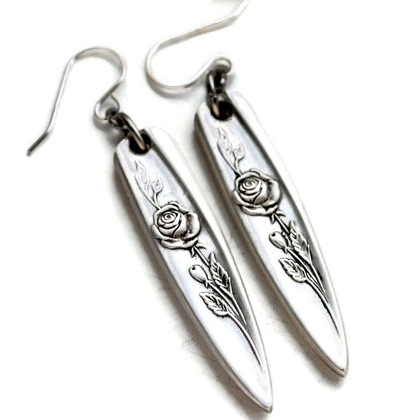 Spoon Handle Earrings, Stainless Steel Ear Wires, Silverware Jewelry,  Silver Spoon Earrings, Gifts Under 25,  Morning Rose,  Silver Plate