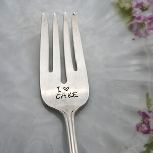 Stamped Fork I Love Cake Vintage Silverware Funny Spoons, Gift for Cake Dessert Lover Hostess Housewarming Gift image 2