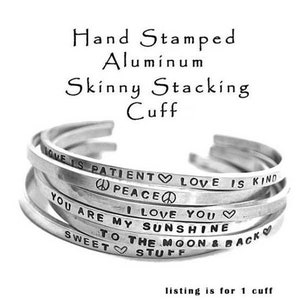 Hand Stamped Aluminum Cuff Bracelet Skinny Hammered Stacking Cuffs Customized Personalized Jewelry Engraved Mantra Bracelet, Gift for Mom image 1