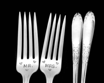 Mr Mrs Fork,  Something Old,  Engraved Vintage Silverware, Mr Mrs Flatware,  King Edward Silver Plated Dinner Forks Engagement Gift