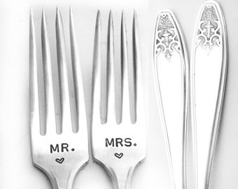 Stamped Wedding Forks Mr Mrs Fork Something Old Vintage Hand Stamped Dinner Fork Lady Doris Flatware Engagement Gift Floral Silverware