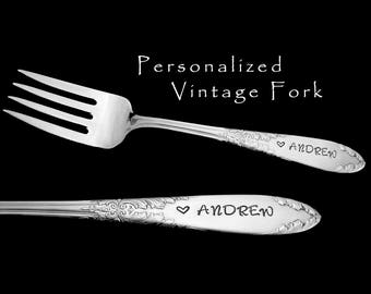 Personalized Vintage Dessert Fork: Hand Stamped Silver Plated Name Gift
