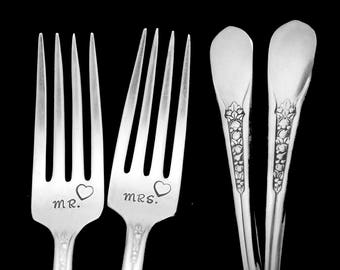 Stamped Fork Mr Mrs Fork Something Old Wedding Silverware Engagement Gifts Under 30, Vintage Floral Fruit  Dinner Forks Engraved Flatware