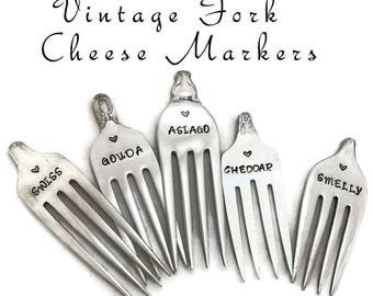 Cheese Markers, 5 Silver Plated Hand Stamped Cheese Markers or Single Piece Made From Recycled Vintage Forks Hostess Gifts Under 20