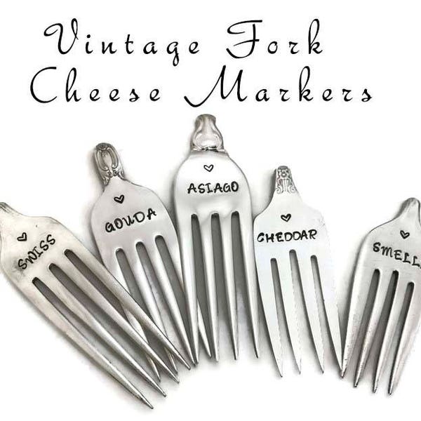 Cheese Markers, 5 Silver Plated Hand Stamped Cheese Markers or Single Piece Made From Recycled Vintage Forks Hostess Gifts Under 20