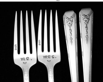 Stamped Fork Mr Mrs Forks Something Old Wedding Silverware Engagement Gifts Under 30, Vintage Floral Dinner Luncheon Forks Engraved Flatware