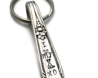 Spoon Key Chain Stamped Spoon Key Ring Vintage Spoon Handle Keychain, Love My Cat Hostess Gift For Cat Lover