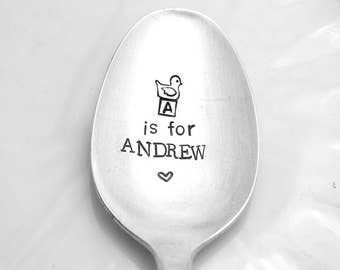 Stamped Spoon, Baby Name Personalized Engraved Vintage Silverware Gifts Under 15  Gift for New Mom, Stamped Initail Spoon