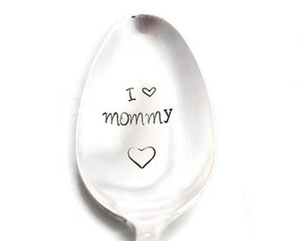 I Love Mommy, Hand Stamped Spoon, Engraved Vintage Silverware Gift for Mom Personalized Flatware Gifts Under 15 Mother's Day Gift