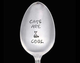 Cats Are Cool Stamped Spoon, Vintage Silverware, Gift For Cat Lover, Silver Plated Teaspoon, Funny Spoons, Gifts Under 15