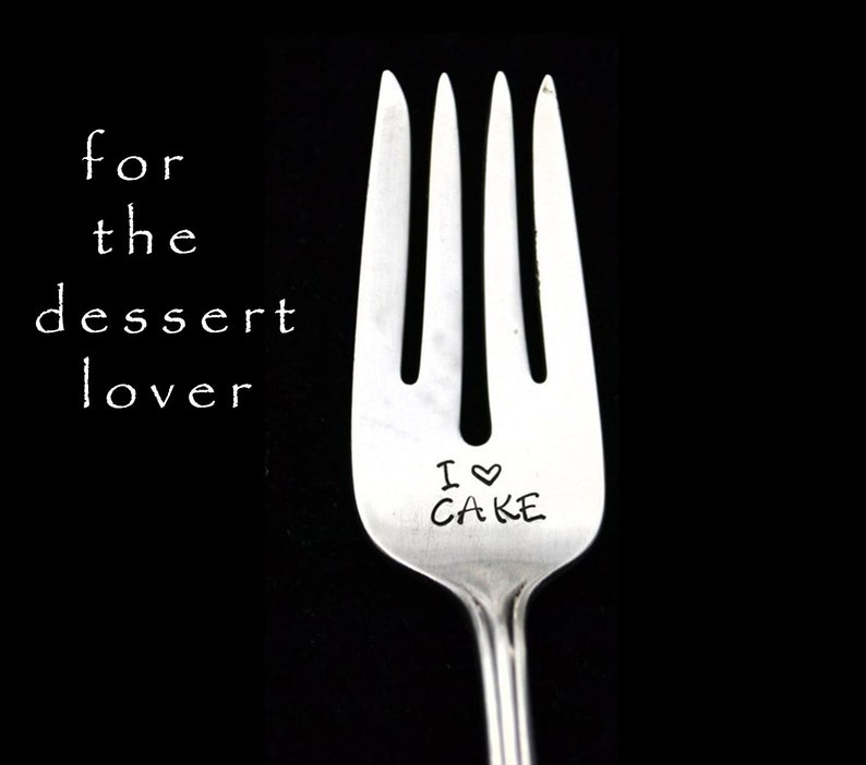 Stamped Fork I Love Cake Vintage Silverware Funny Spoons, Gift for Cake Dessert Lover Hostess Housewarming Gift image 1