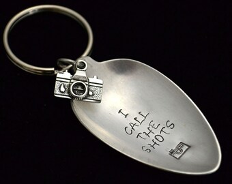 Stamped Spoon Keychain, Gift for Photographer Silverware Key Ring I Call The Shots Key Chain Gifts Under 15 Spoon Bowl Key Ring Camera Charm