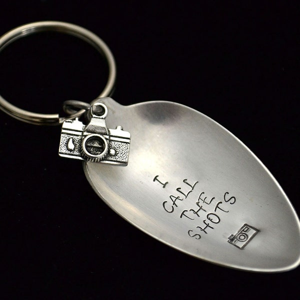 Stamped Spoon Keychain, Gift for Photographer Silverware Key Ring I Call The Shots Key Chain Gifts Under 15 Spoon Bowl Key Ring Camera Charm