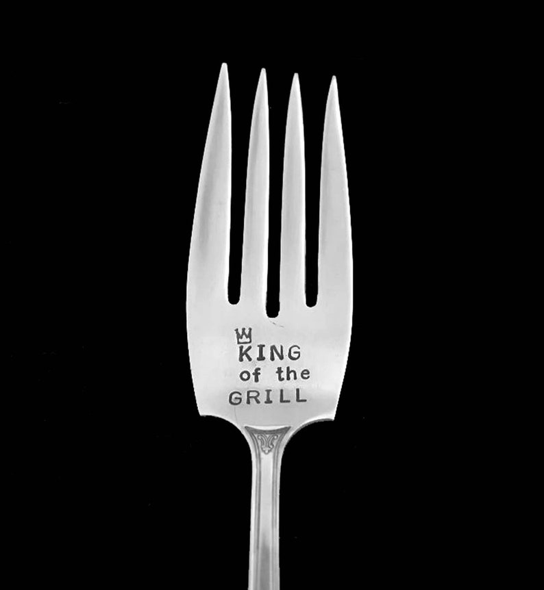King of The Grill Meat Fork, Father's Day Gift Vintage Hand Stamped Engraved Silverware Cold Meat Fork Hostess Housewarming Gift for Him, image 1