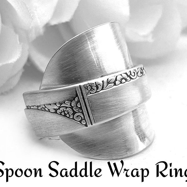 Spoon Ring Saddle Wrap Spoon Silverware Statement Ring Caprice Silver Plate Recycled Jewelry Gift for Mom,  8.5 Size Large, Vintage Jewelry