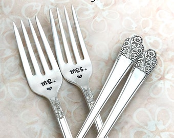 Stamped Wedding Forks, I Do Me Too Fork, Engagement Wedding Gift, Vintage Engraved Floral Dinner Fork with Heart Something Old StarLight