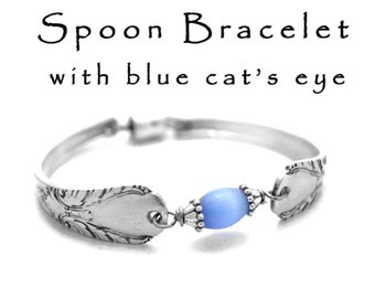 Spoon Bracelet with Blue Cat's Eye GlassVintage Silverware Bracelet Silver Spoon Bracelet Bridesmaid Jewelry Gifts Under 35