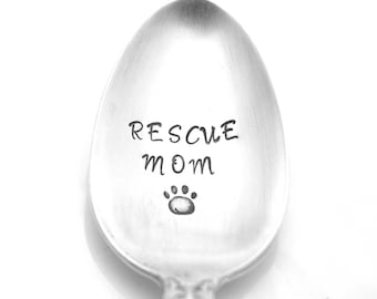 Stamped Spoon, Rescue Mom Engraved Vintage Silverware Mother's Day Gift For Dog Cat Lover Gifts Under 15 Pet Awareness Gift for Animal Lover