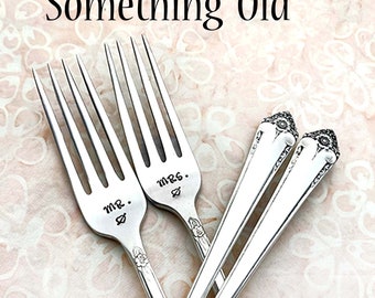 Stamped Wedding Forks, I Do Me Too Fork, Engagement Wedding Gift, Vintage Engraved Floral Dinner Fork with Heart Something Old StarLight