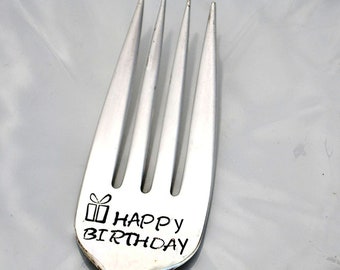 Stamped Fork Happy Birthday Personalized Flatware Hand Stamped Silverware Dessert Name on Tine Gifts Under 15 Funny Forks Birthday Ideas