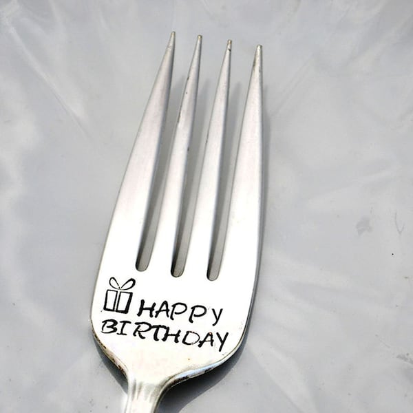 Stamped Fork Happy Birthday Personalized Flatware Hand Stamped Silverware Dessert Name on Tine Gifts Under 15 Funny Forks Birthday Ideas