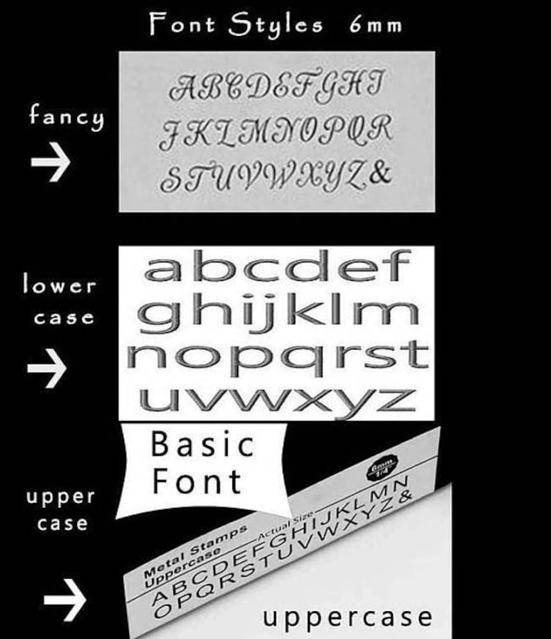 May include: A close-up of a metal stamp set with three different font styles: fancy, lowercase, and uppercase. The stamp set is 6 mm in size and includes all letters of the alphabet and the ampersand symbol.