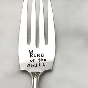 King of The Grill Meat Fork, Father's Day Gift Vintage Hand Stamped Engraved Silverware Cold Meat Fork Hostess Housewarming Gift for Him, image 2