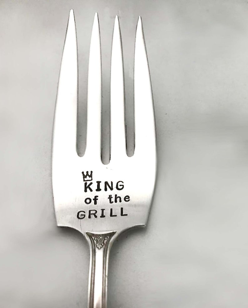 King of The Grill Meat Fork, Father's Day Gift Vintage Hand Stamped Engraved Silverware Cold Meat Fork Hostess Housewarming Gift for Him, image 2