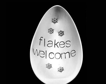 Stamped Spoon Flakes Welcome Engraved Silverware Hostess Housewarming Gift Vintage Serving Spoon Snow Flake Stamp Gifts Under 15