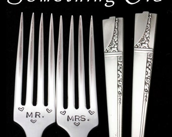 Stamped Wedding Forks Mr Mrs Fork Something Old Vintage Forks Engraved Flatware Hand Stamped Mr Mrs Gift for Couple