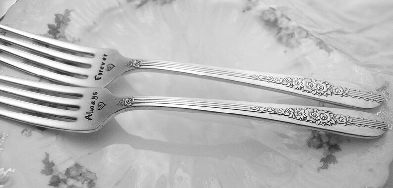 Stamped Wedding Forks Always and Forever Fork Something Old Vintage Engraved Flatware Engagement Gift Floral Silverware Royal Rose