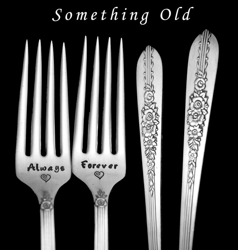 Stamped Wedding Forks Always and Forever Fork Something Old Vintage Engraved Flatware Engagement Gift Floral Silverware Royal Rose