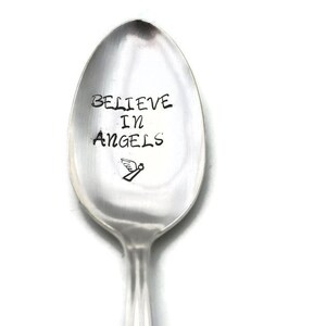 Stamped Silverware, Believe in Angels, Engraved Vintage Spoon, Inspirational Gifts Under 15  Angel Spoon Stamp Personalized Flatware