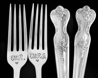 Stamped Wedding Forks Mr Mrs Fork Something Old Vintage Floral Hand Stamped Dinner Fork Mr Mrs Flatware Engagement Gift Floral SIlverware