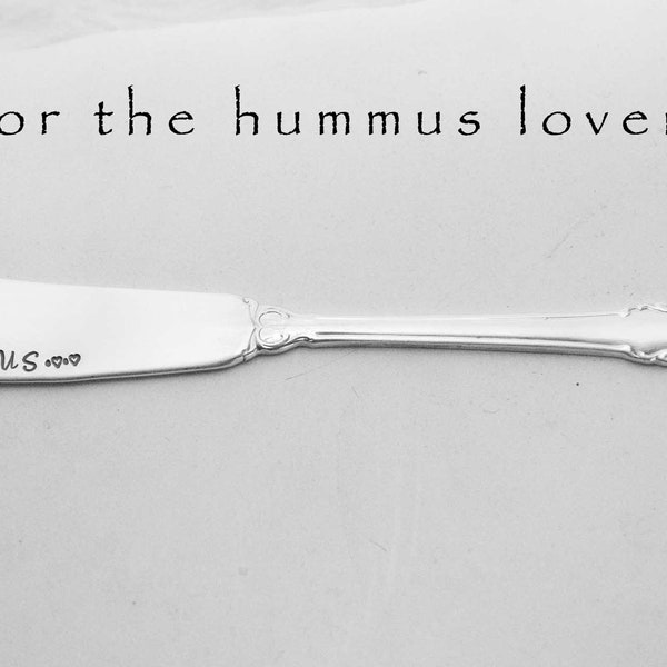 Hand Stamped Speader Knife, I Love Hummus Vintage Silverware Engraved Flatware Hostess Housewarming Gifts Under 15 for Hummus Lover